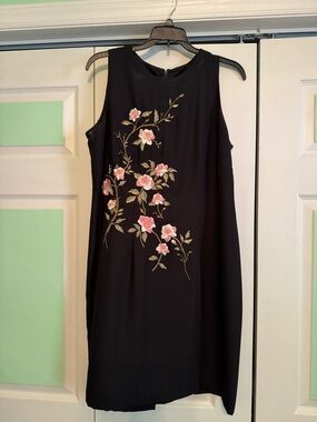 karin stevens Black Sleeveless Dress with Pink Floral Embroidery